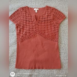Charter Club Elegant Lace Knit Top Rust Orange Cotton Natural XS Petite